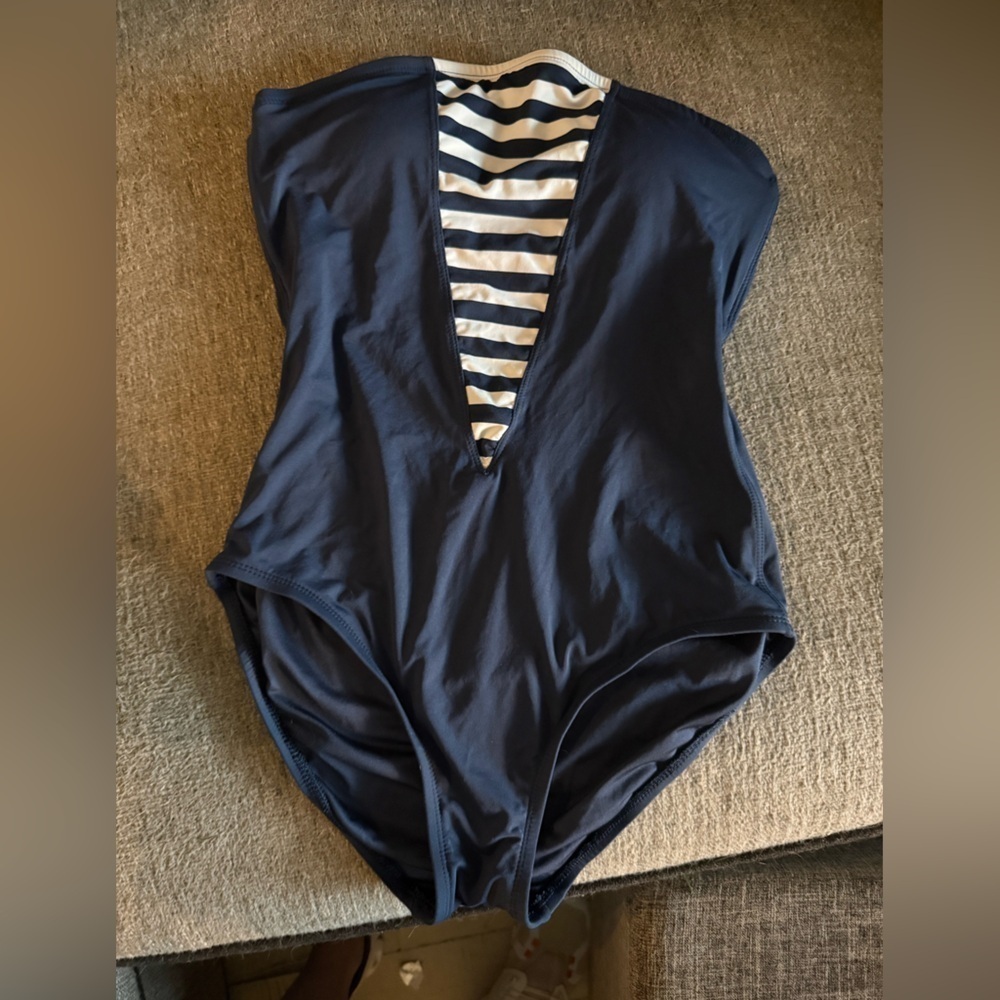 Anne Klein Navy and White Striped One-Piece Swimsuit